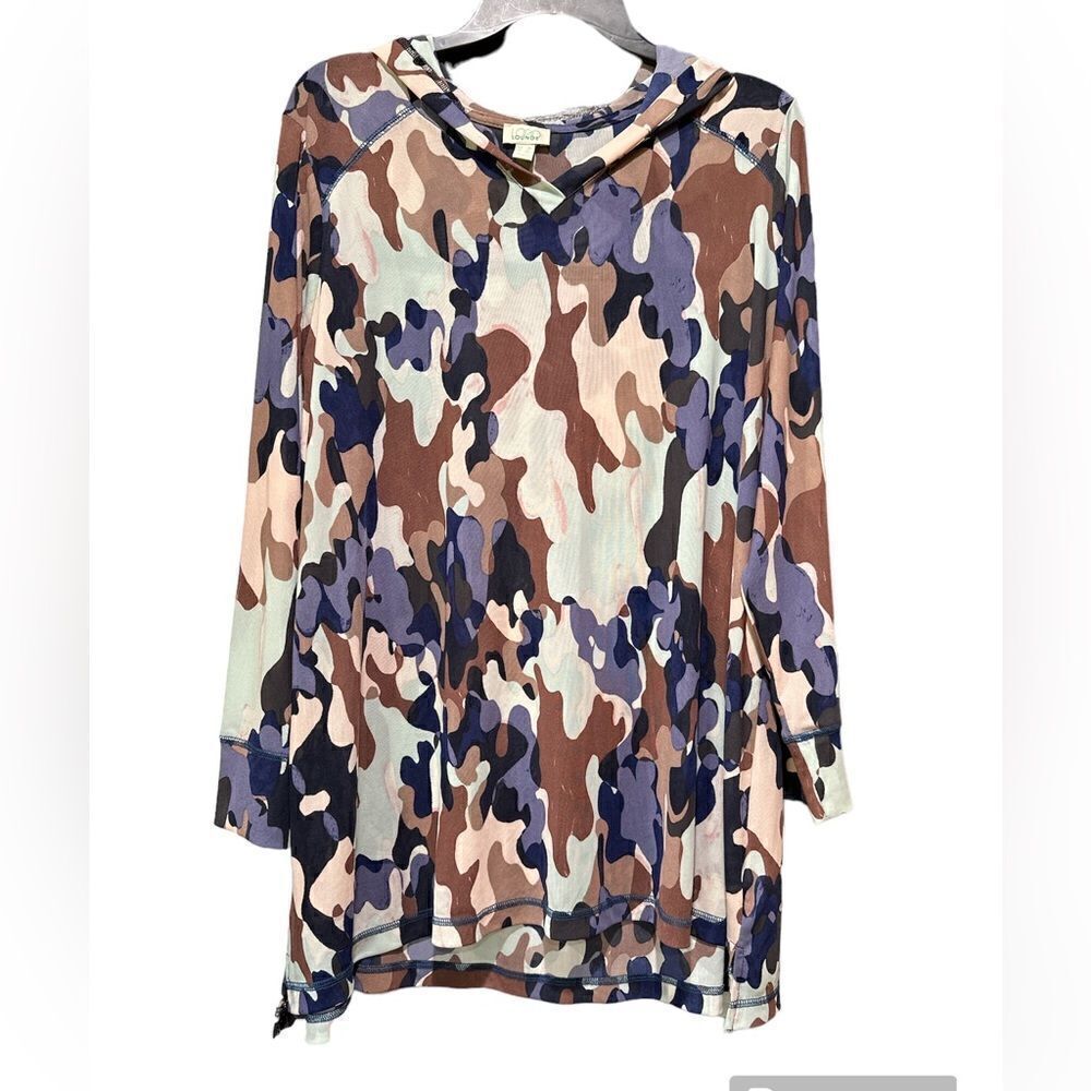 Logo lounge Lori Goldstein semi sheer mesh hoody top camo neutral 1X
